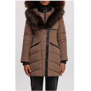Noize Gigi Vegan Faux Fur Trim Quilted Parka Coat, Size Medium (8-10), Mocha NWT